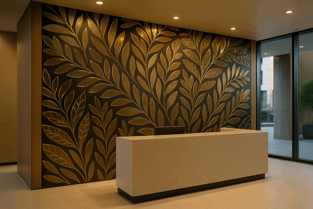 Pared grabada con patrón geométrico para hotel boutique Uso de revestimientos cerámicos grabados con láser en espacios contract