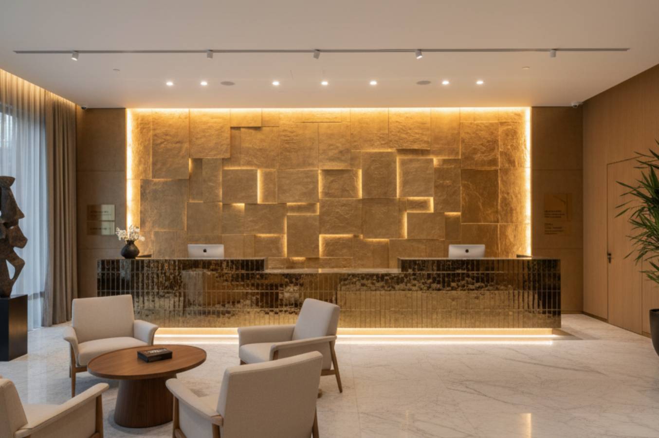 Grabado láser en mural con placas metálicas en un restaurante Arquitectura de lujo